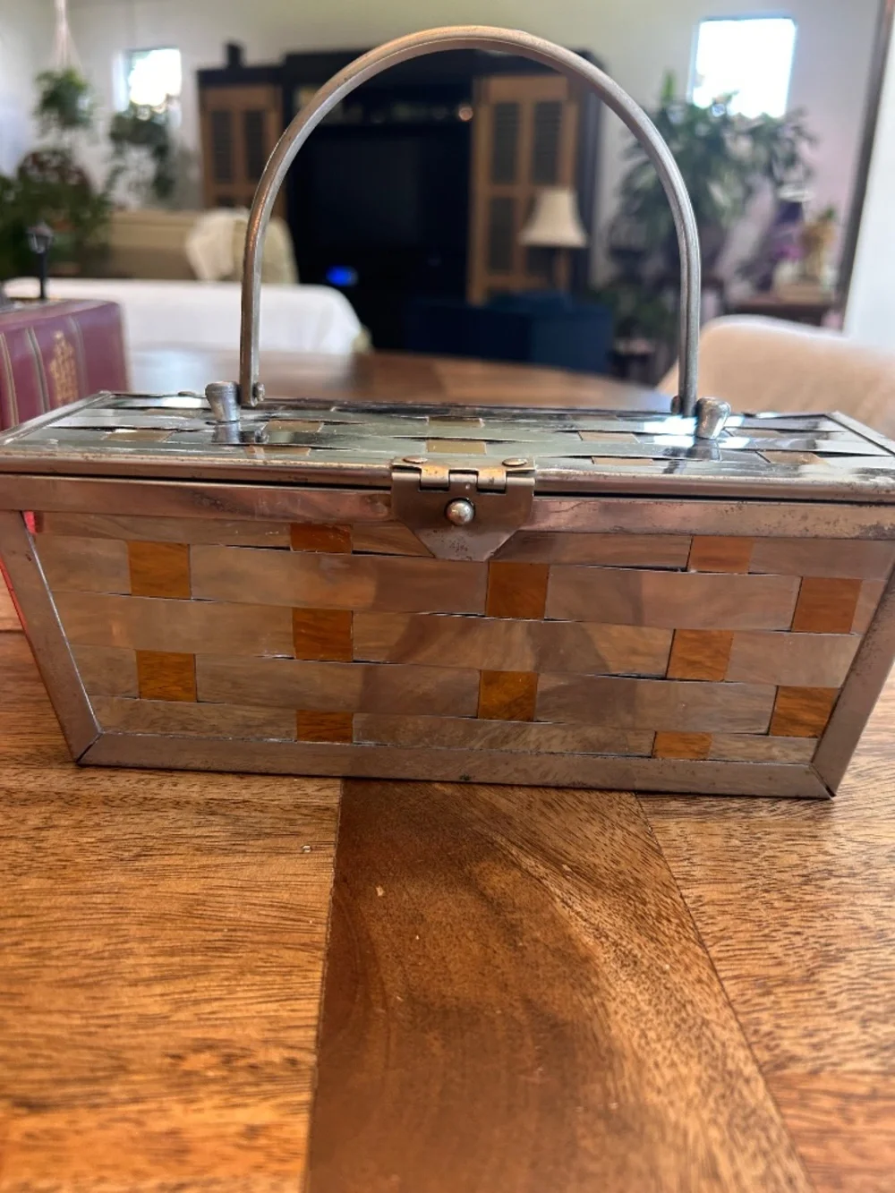 Vintage Mid Century Gold and Silver Minaudière Purse With Woven Geometric Design